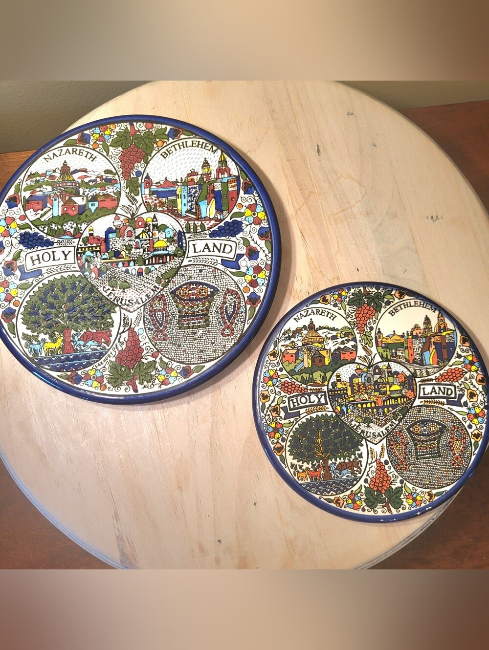 Set of 2 Holy Land Ceramic Armenian Pottery Plates Colorful Hand Painted
